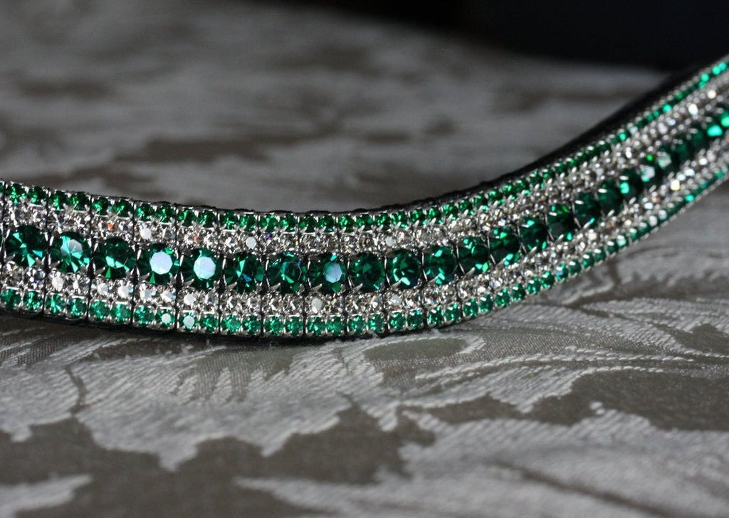 Frontal Bride Dressage Cuir Avec Cristaux Verts - Rembourré - Toutes Tailles Dispo