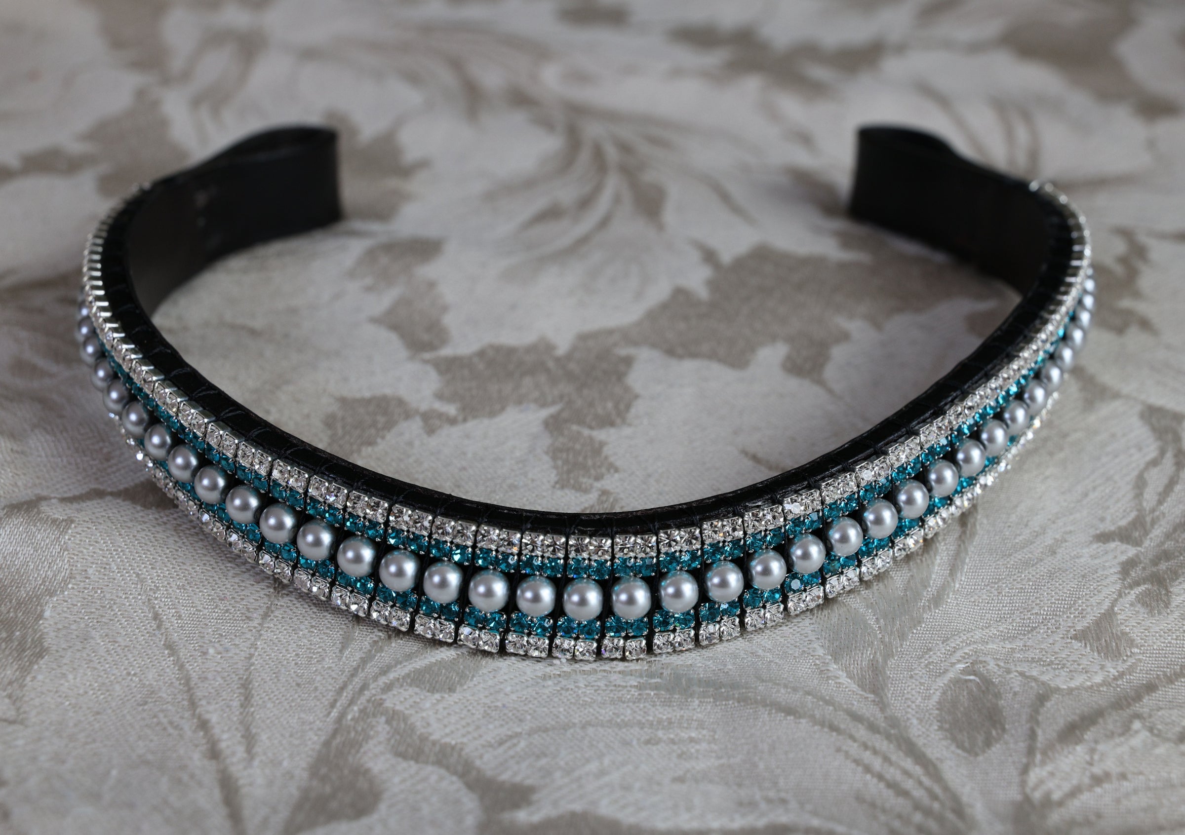 Equiture Silver pearl, blue zircon and clear megabling curve browband- xfull havana leather
