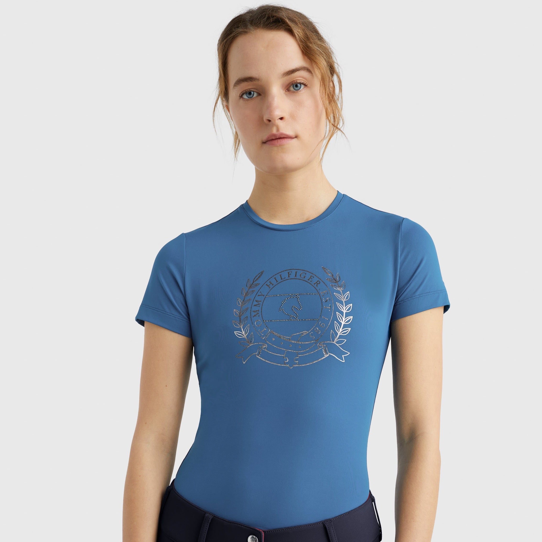 Tommy Hilfiger Crest Rhinestone performance t-shirt in blue coast